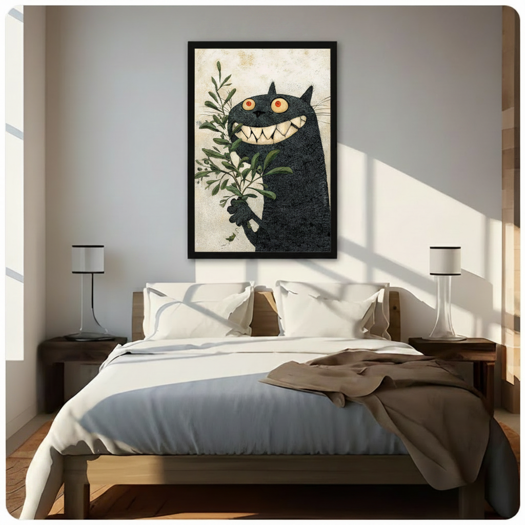 Gothic Black Cat Botanical Framed Canvas Art Wall Art