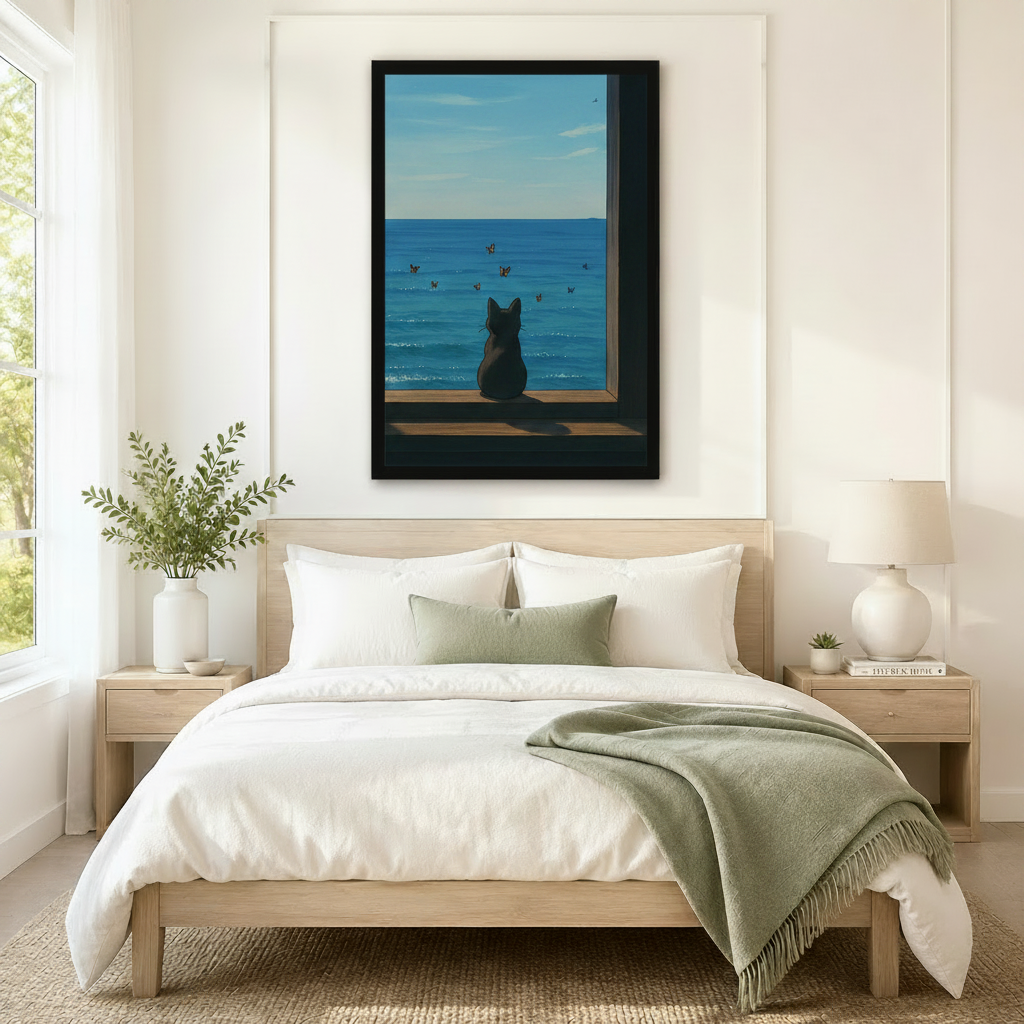 Minimalist Black Cat Ocean View Canvas Art Wall Art