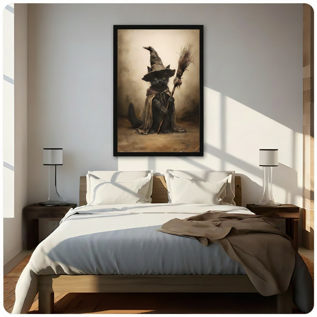 Vintage Witch Cat Dark Academia Canvas Art Wall Art