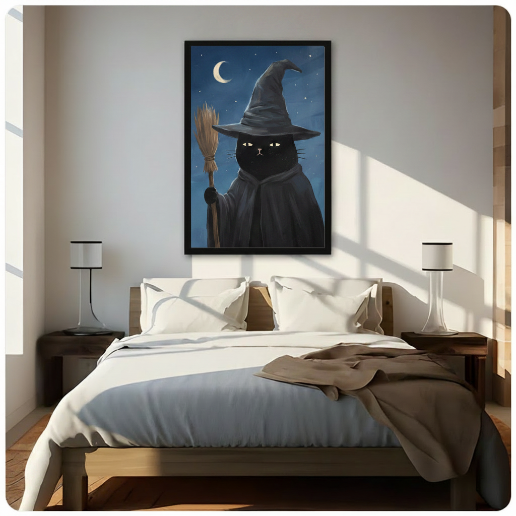 Black Cat Witch Hat Broom Moon Canvas Wall Art