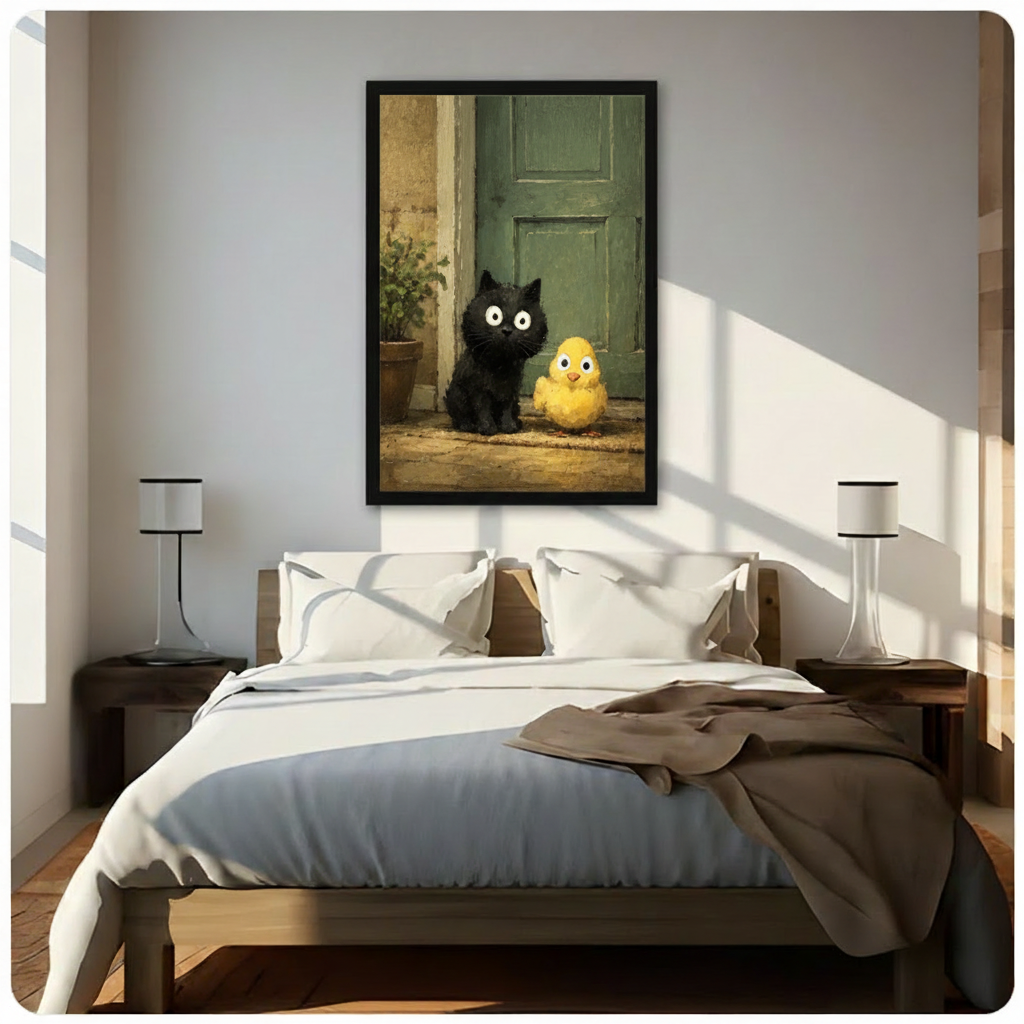 Black Kitten Yellow Chick Doorstep Oil Canvas Wall Art