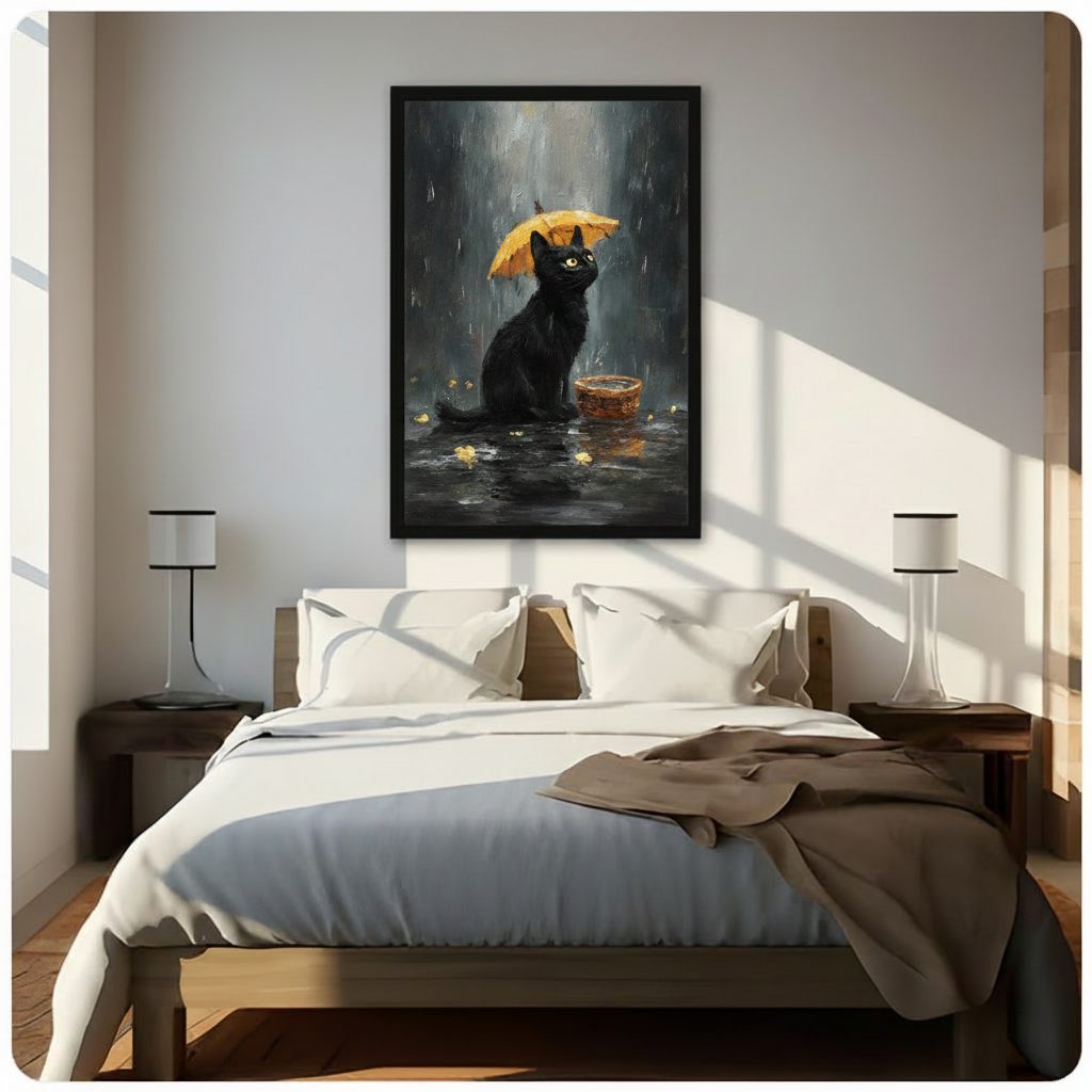 Black Cat Rainy Day Oil Painting Canvas Art Wall Art