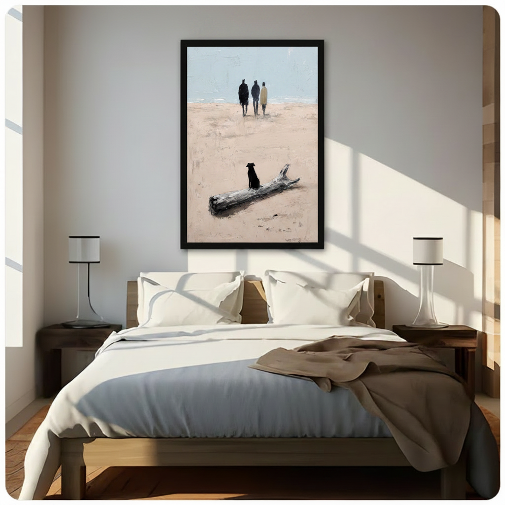 Black Dog Driftwood Beach Walk Oil Painting Canvas