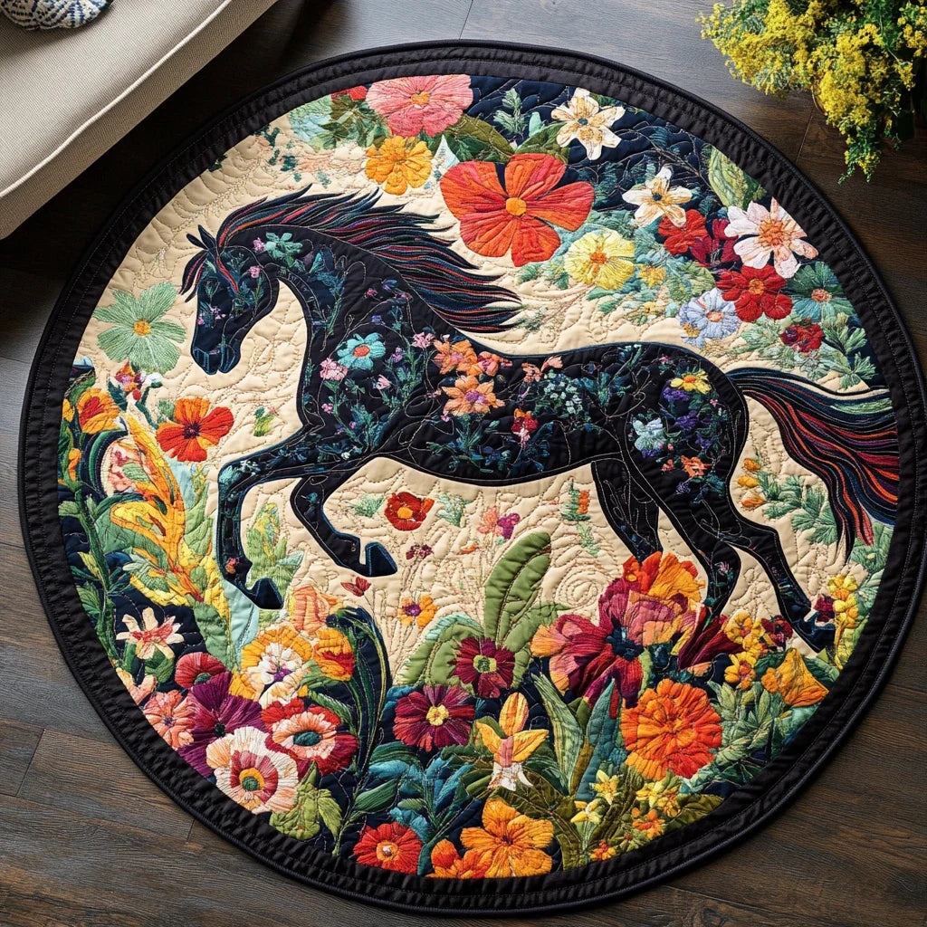 Black Horse Running Quilted Round Mat