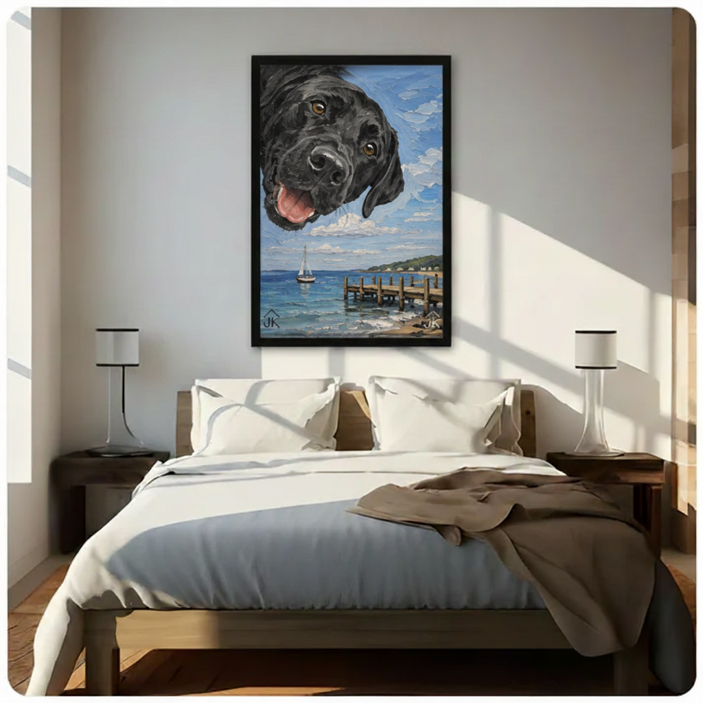 Black Lab Coastal Dock Whimsical Canvas Wall Art