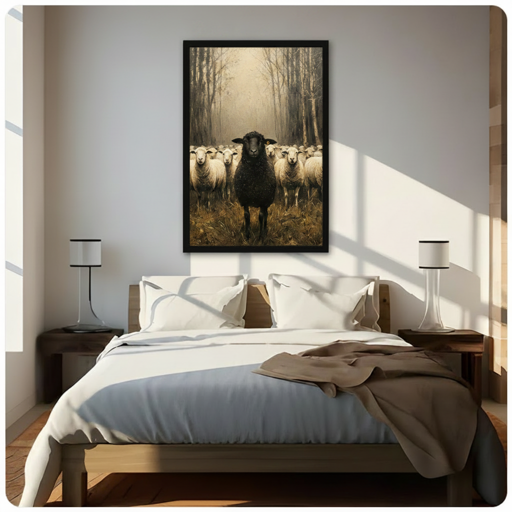 Black Sheep Flock Misty Forest Vintage Canvas Art