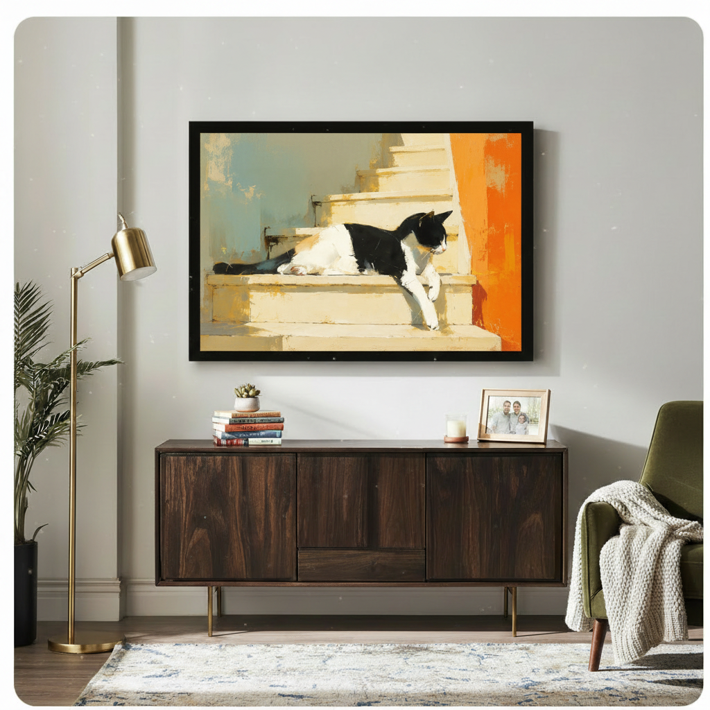 Tuxedo Cat Stone Steps Canvas Wall Art