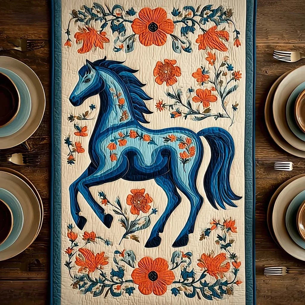 Blue Horse Blossom Quilted Table Runner