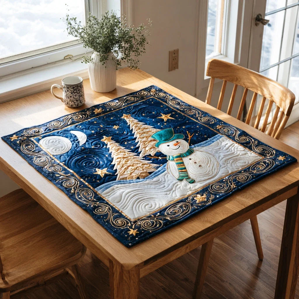 Blue Snowman Blizzard Quilted Table Topper
