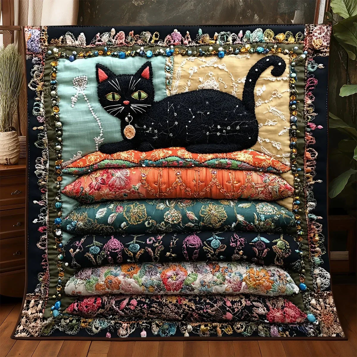 Boho Cat Pillow Quilt Blanket