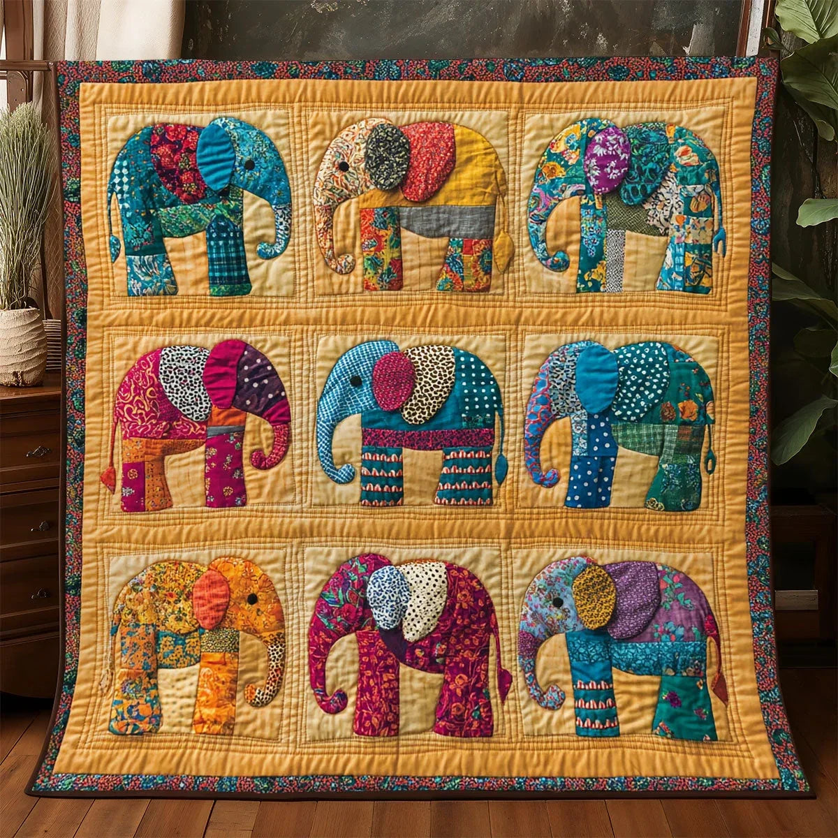 Boho Elephant Patchwork Quilt Blanket