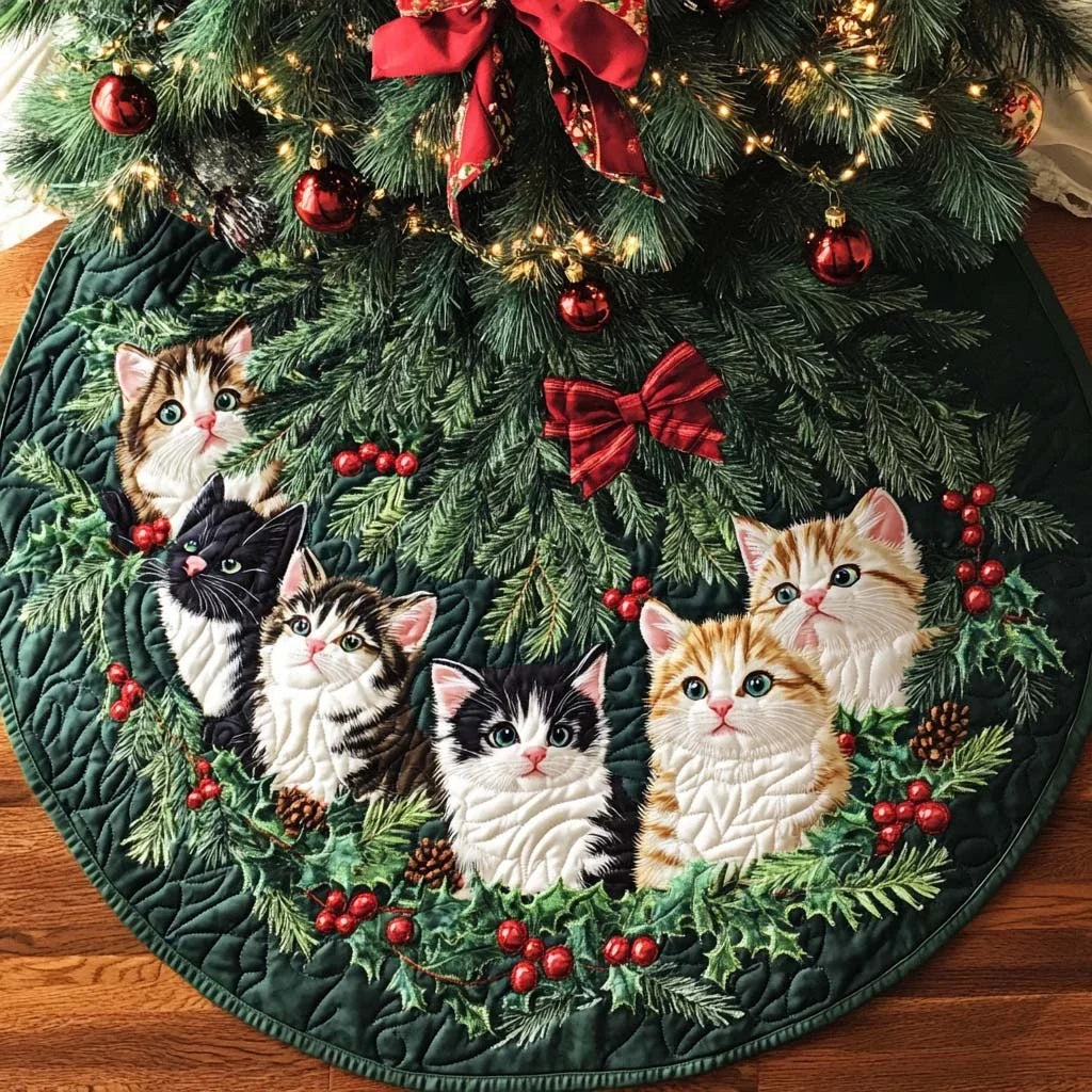 Bright Cat Joy Christmas Quilted Tree Skirt