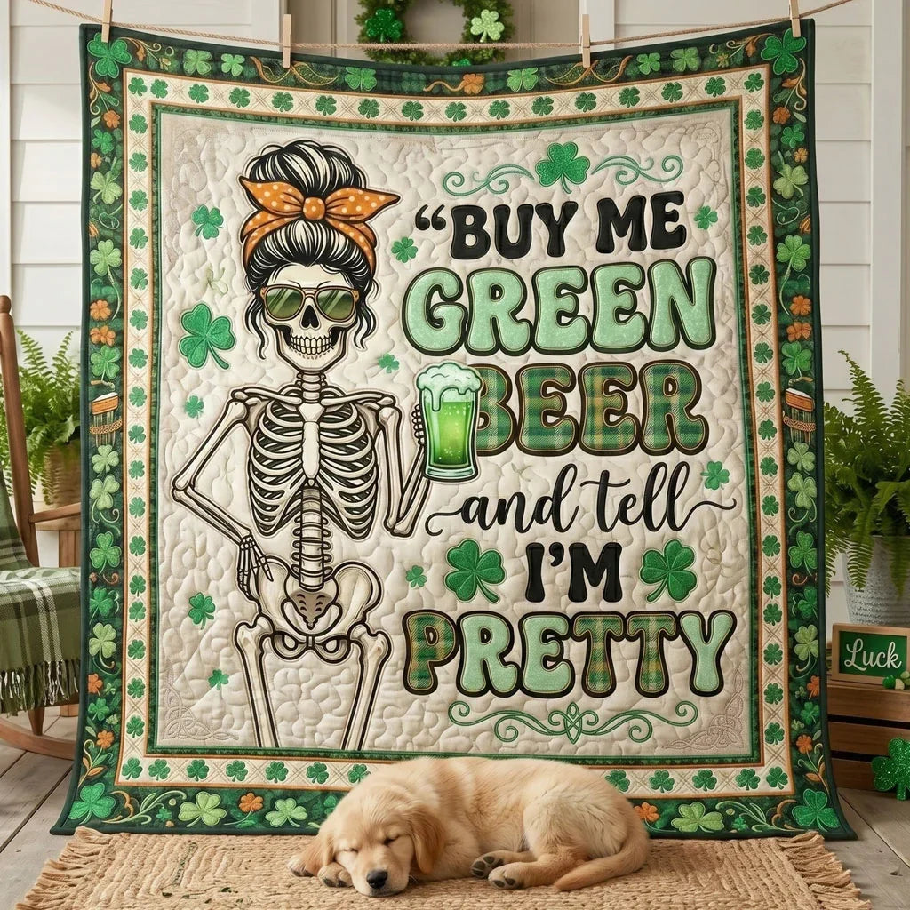 Buy Me Green Beer Funny Skeleton Quilt Blanket