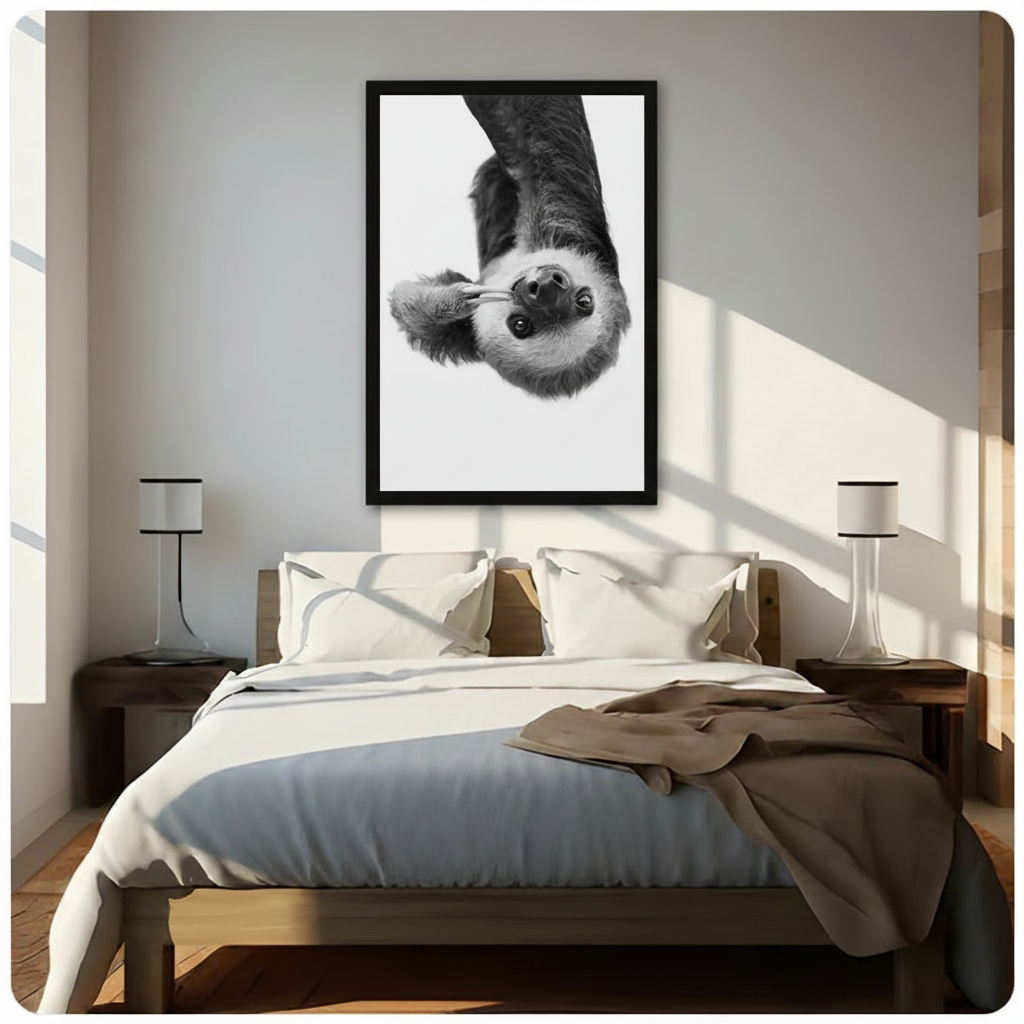 Upside-Down Sloth Black & White Canvas Wall Art