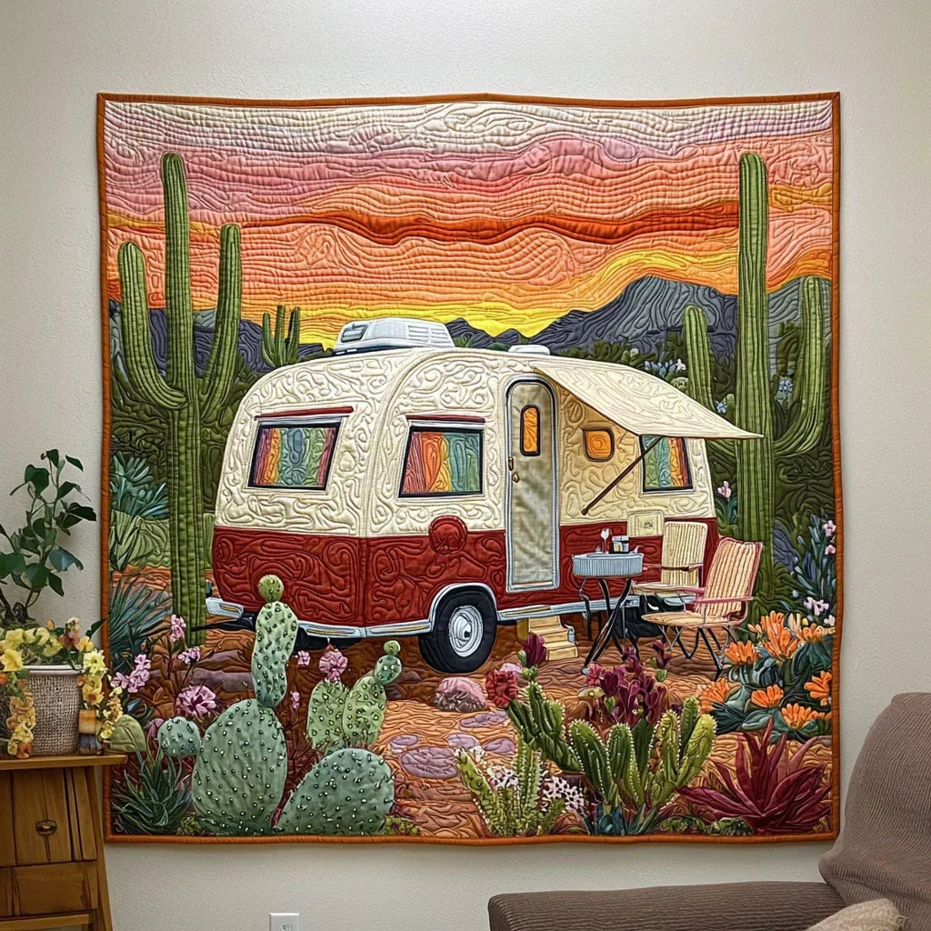 Camping In Desert Quilt Blanket