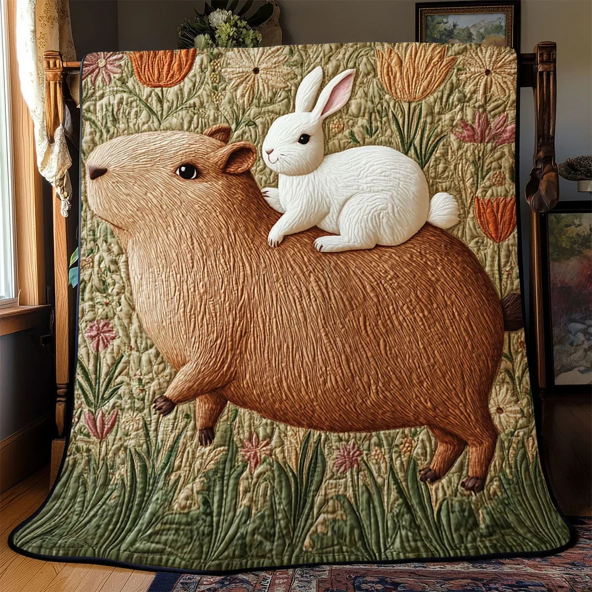Capybara And Rabbit Quilt Blanket