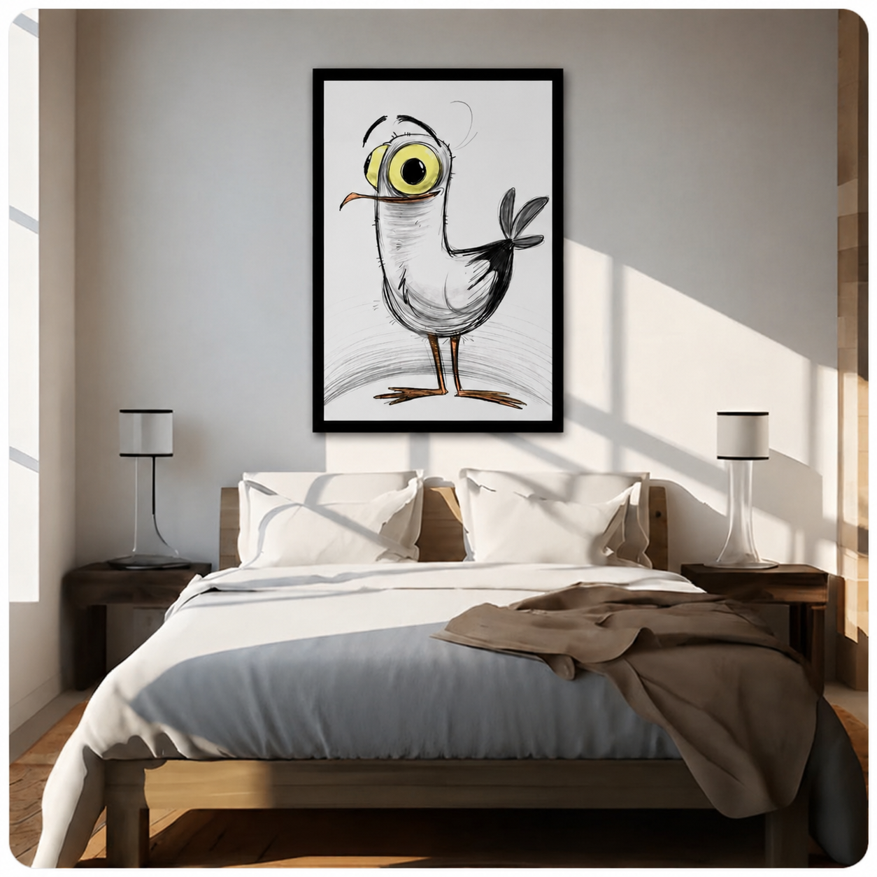 Quirky Big-Eye Bird Sketch Canvas Wall Art