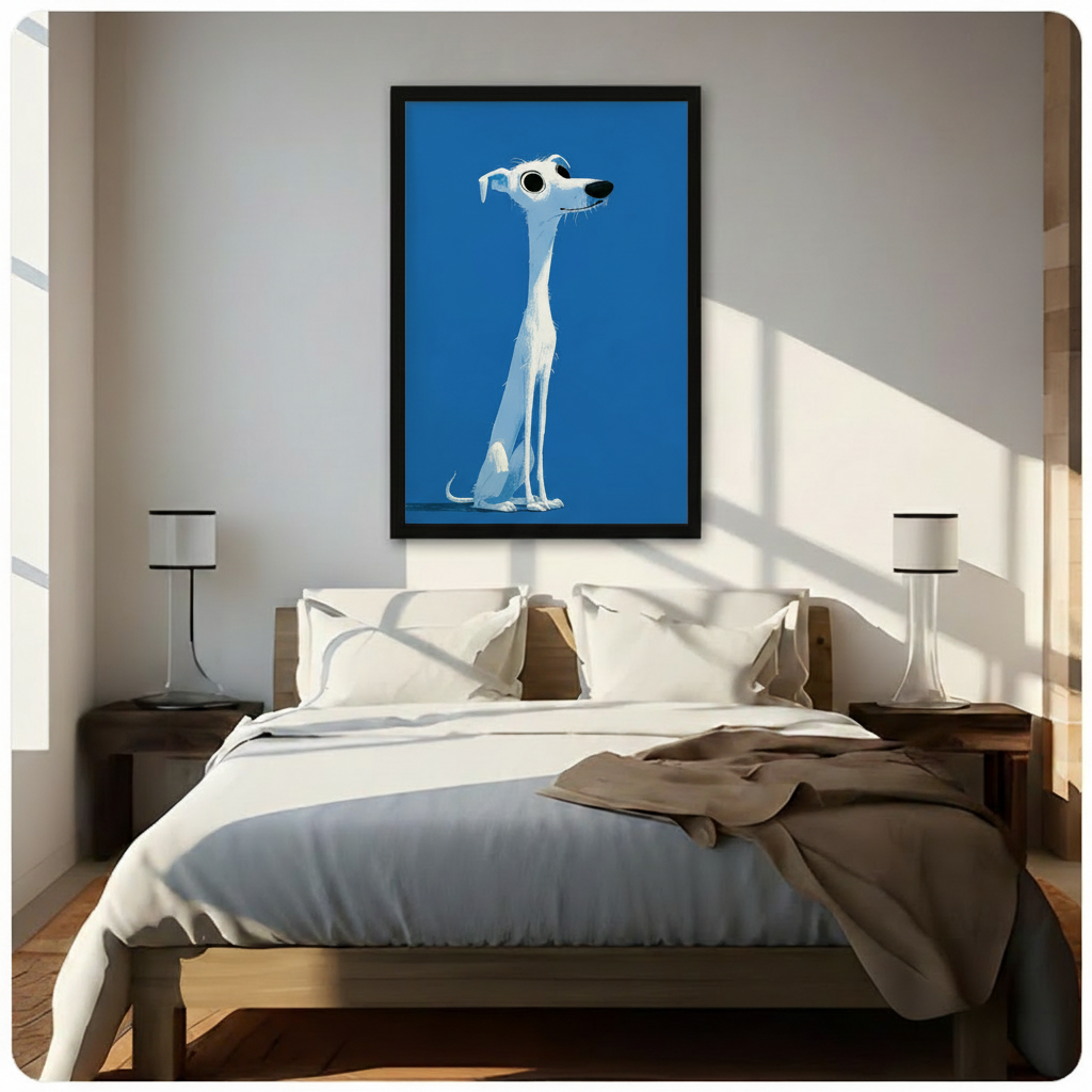 Cartoon Greyhound Blue Framed Canvas Wall Art