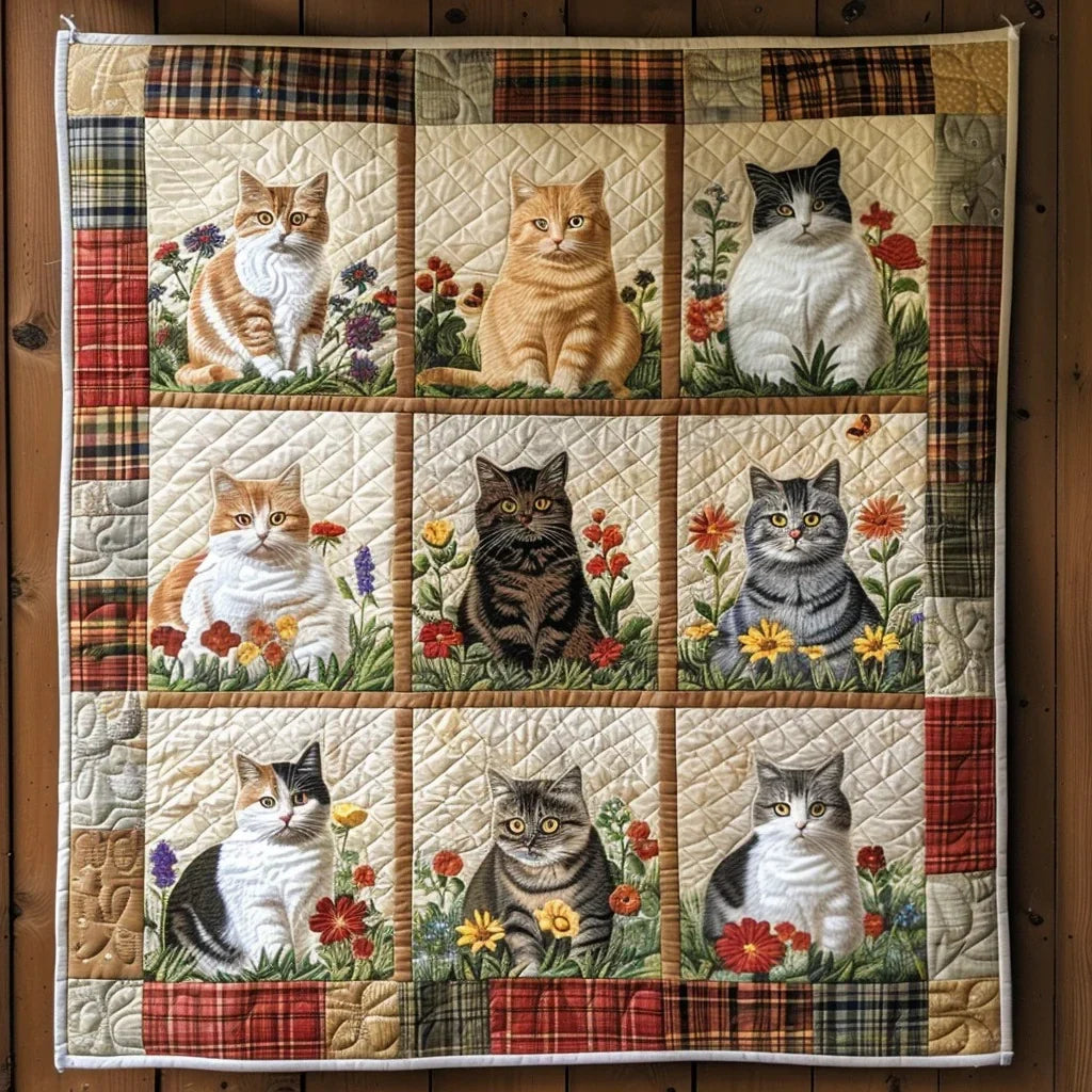 Cat And Flowers Quilt Blanket