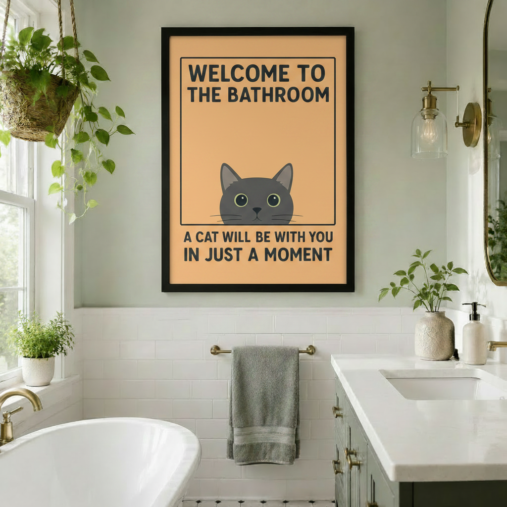 Funny Cat Bathroom Welcome Sign Canvas Wall Art