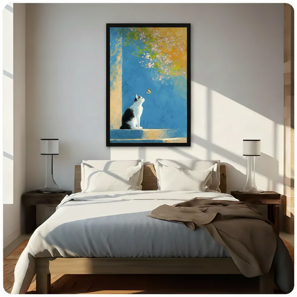 Cat & Butterfly Impressionist Canvas Wall Art