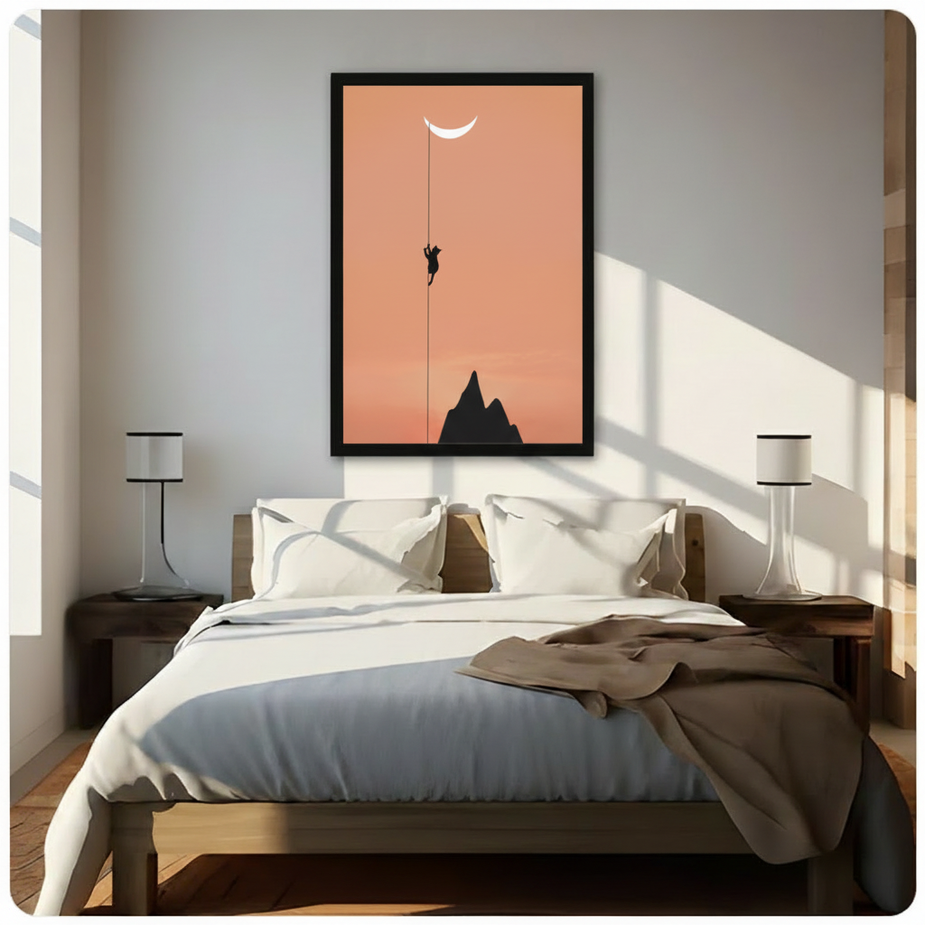 Cat Climbing Moon Minimalist Canvas Wall Art
