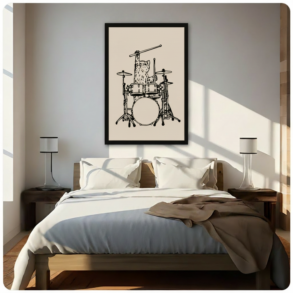 Drummer Cat Minimalist Line Art Canvas Print Wall Art