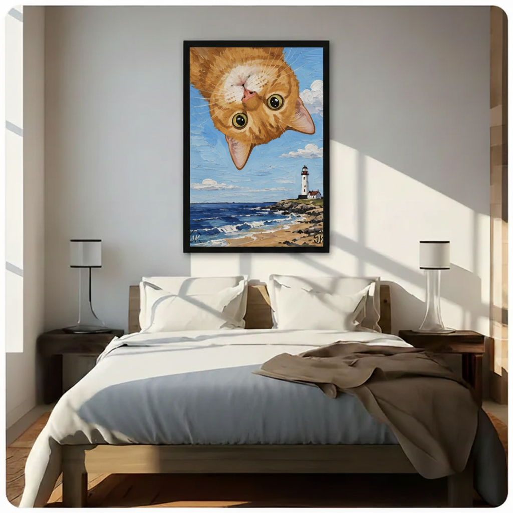 Upside Down Cat Lighthouse Coastal Canvas Art