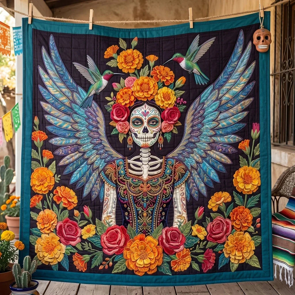 Celestial Dia De Los Muertos Angel Quilt Blanket