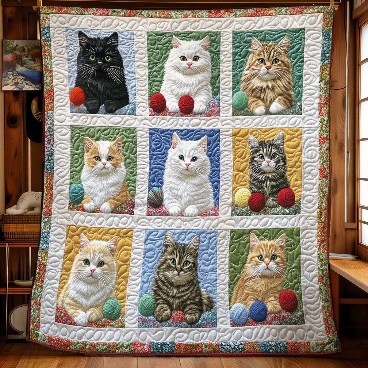 Charming Yarn Cat Quilt Blanket