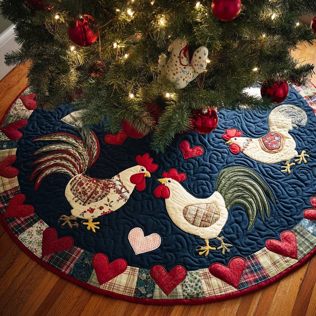Chicken Bloom Christmas Quilted Tree Skirt
