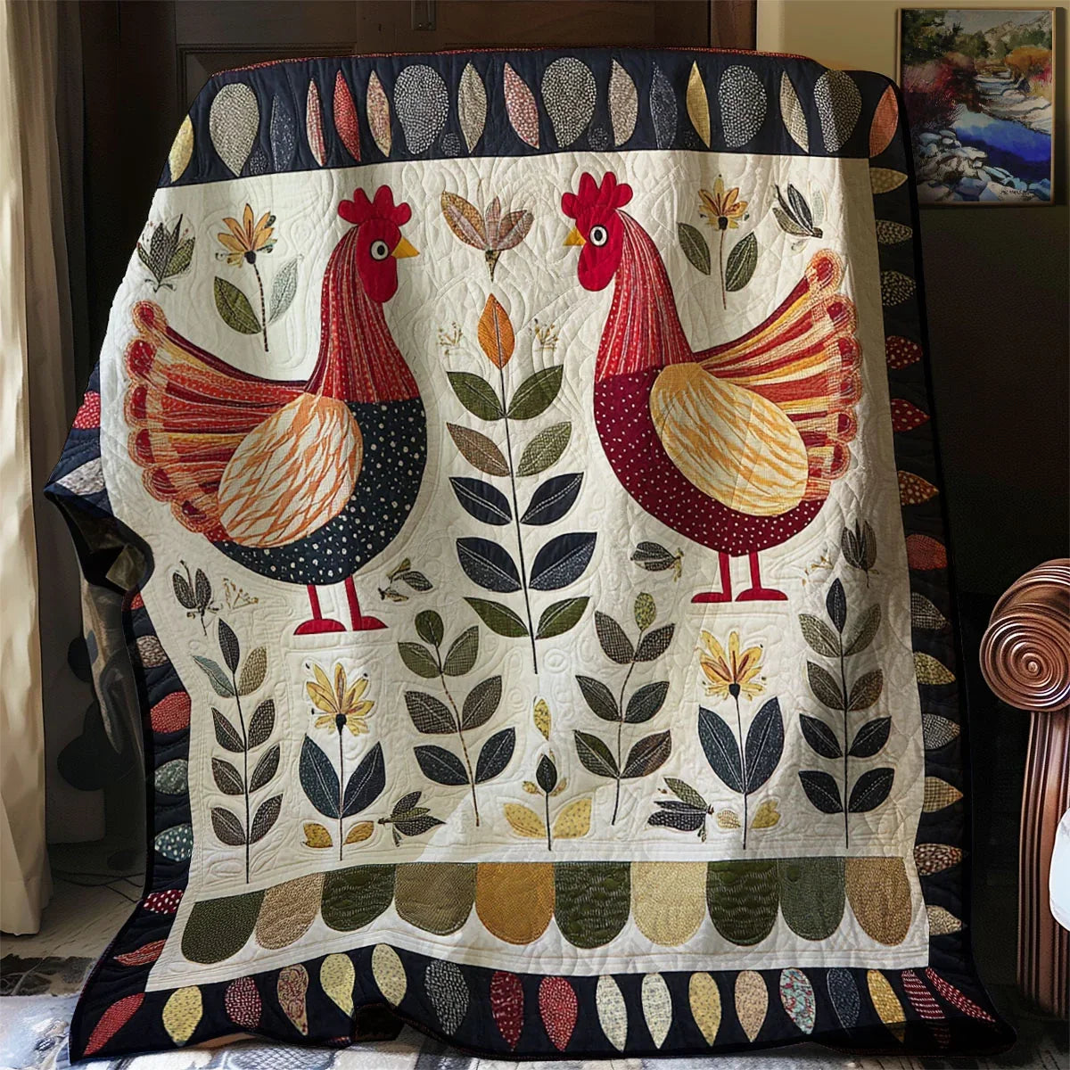 Chicken Folk Art Farmyard Quilt Blanket