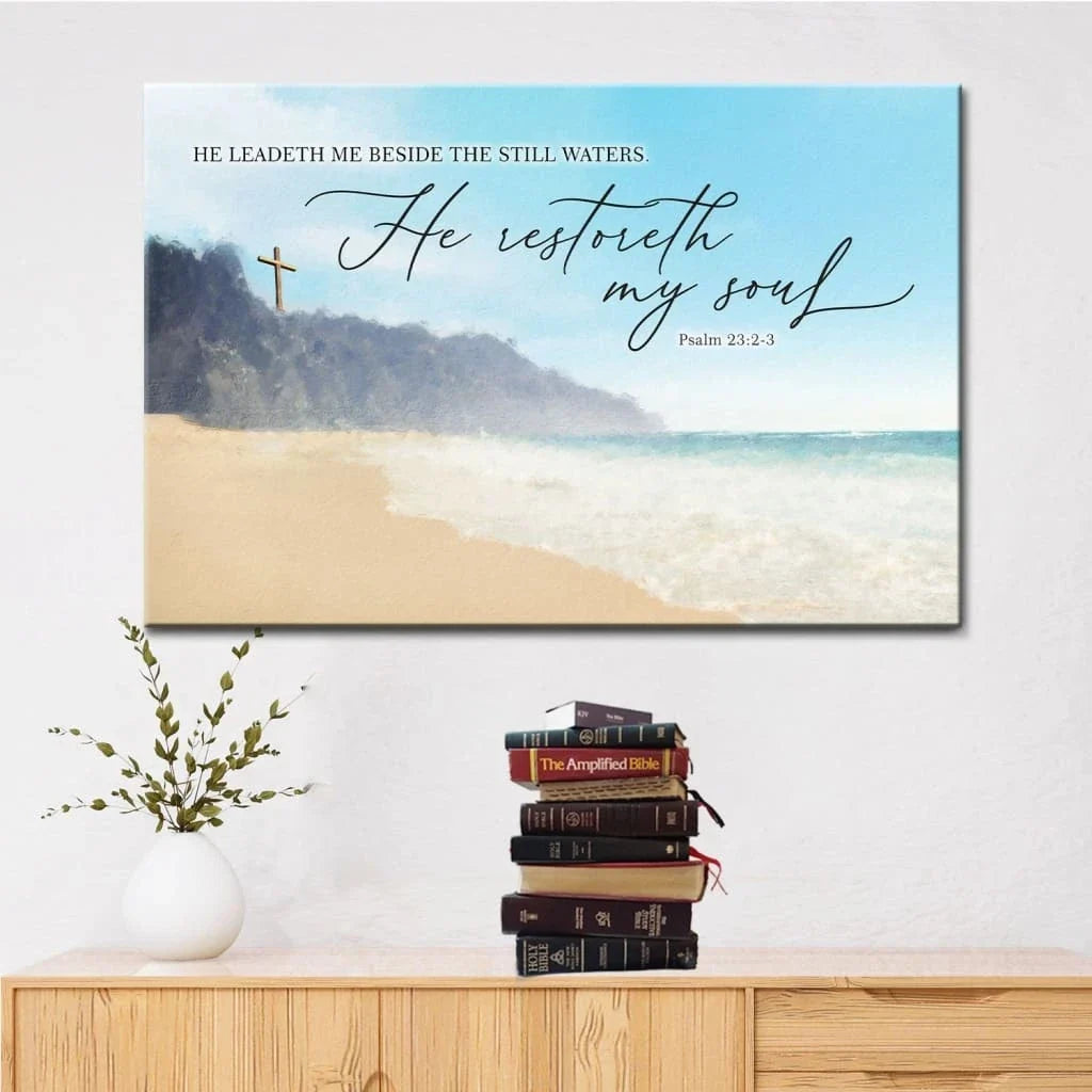 psalm 23 2 3 kjv he leadeth me beside the still waters wall art canvas (Landscape) (view 4)