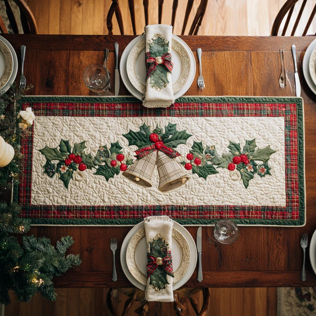 Christmas Bell Holly Quilted Table Runner