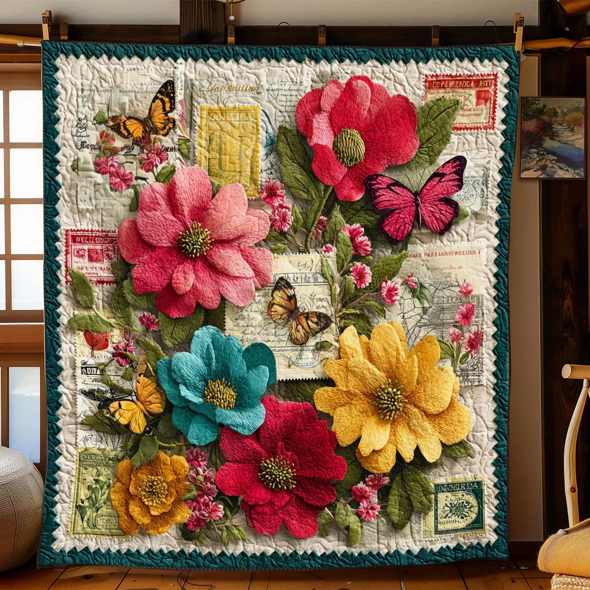 Classic Botanical Stamps Quilt Blanket