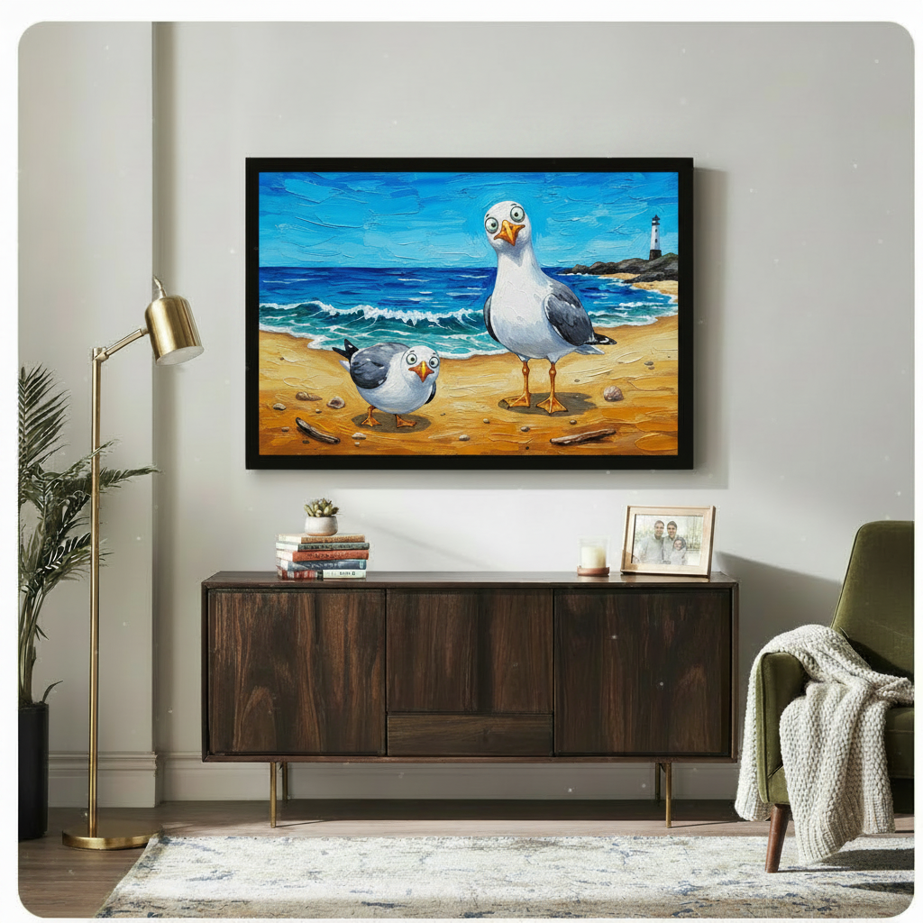 Funny Seagulls Beach Oil Painting Canvas Wall Art