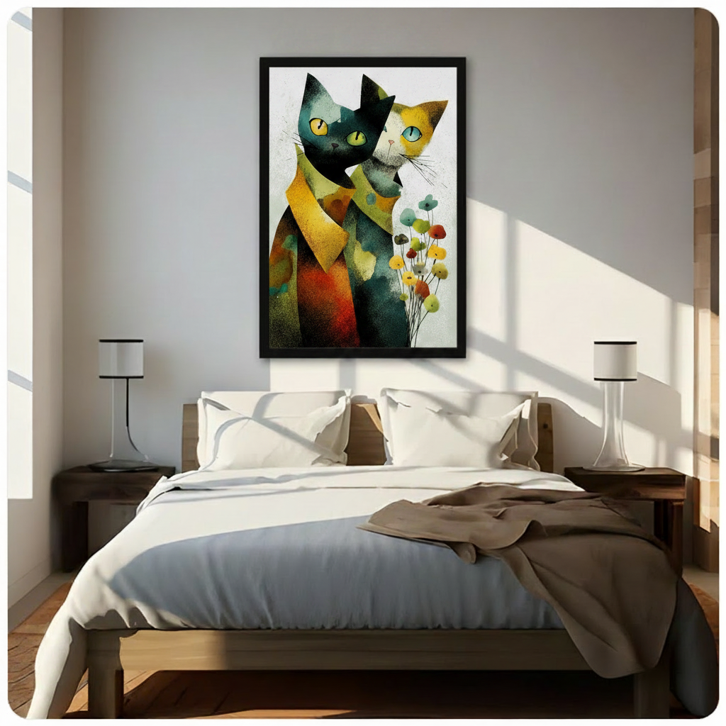 Abstract Cat Couple Floral Wall Art Canvas Print