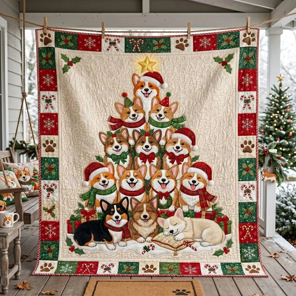 Corgi Christmas Tree Quilt Blanket