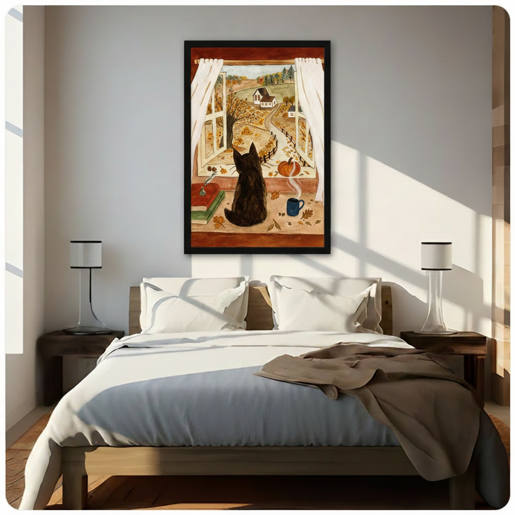 Cozy Autumn Cat Window Farmhouse Canvas Art Wall Art