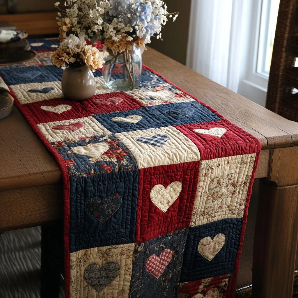 Cozy Heart Patch Quilted Table Runner