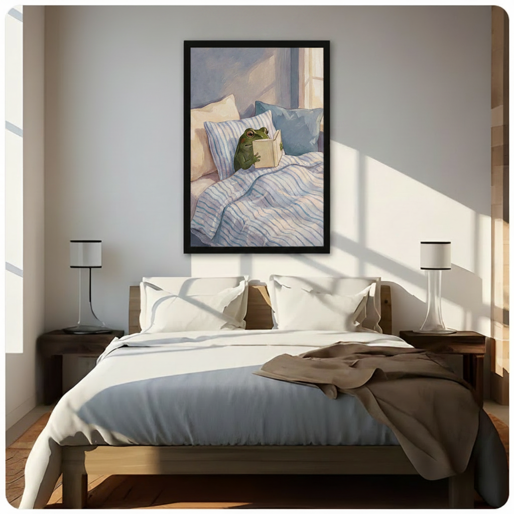 Cozy Reading Frog Blue Bedroom Canvas Art Wall Art