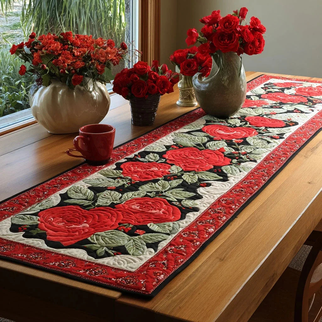 Crimson Bloom Quilted Table Runner