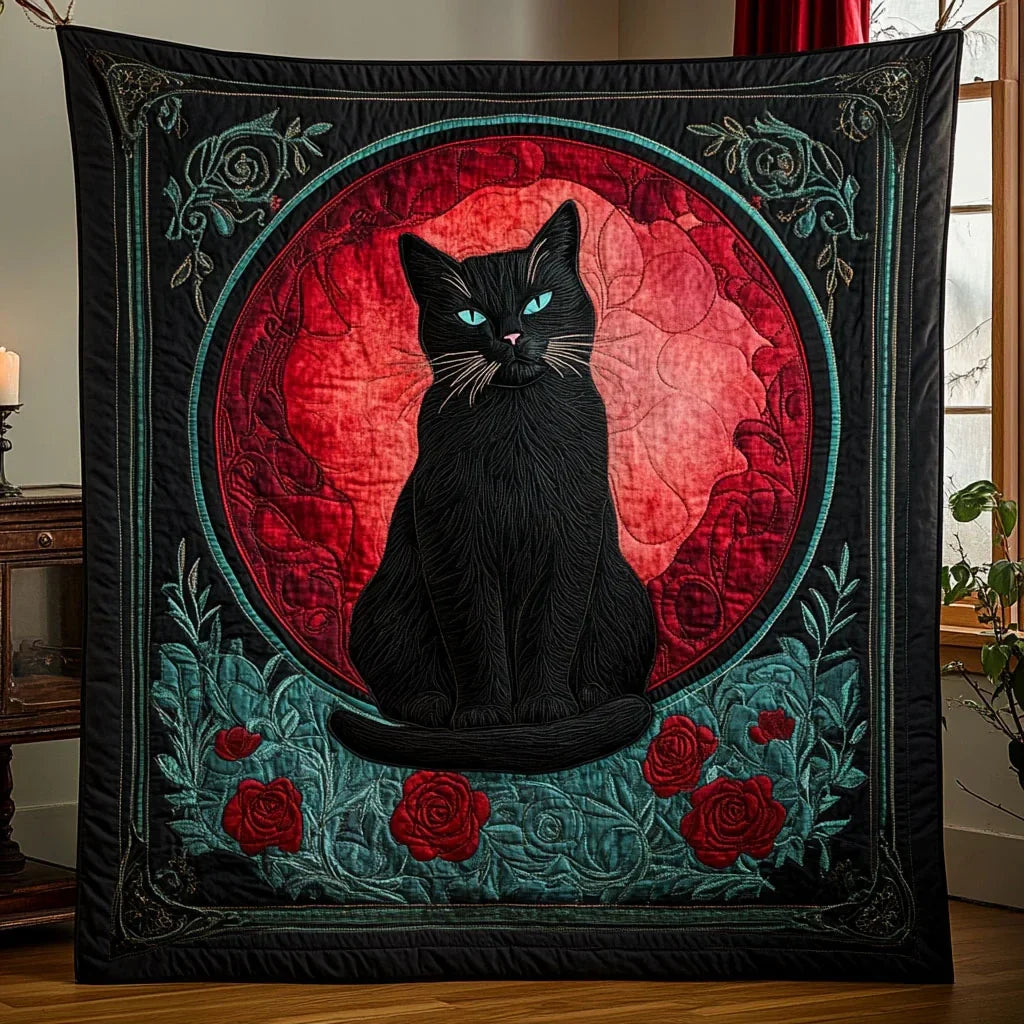 Crimson Night Cat Quilt Blanket