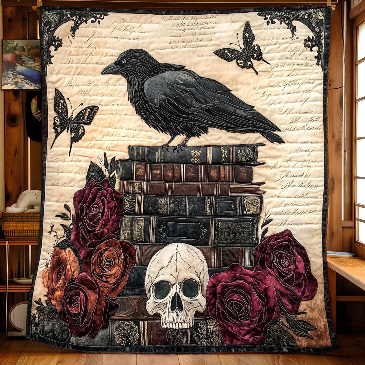 Crimson Raven Rose Quilt Blanket