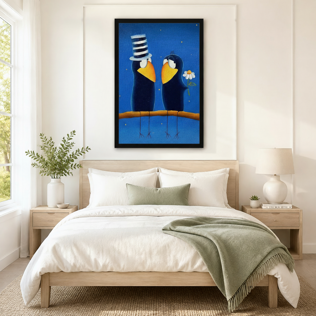 Love Birds Folk Art Blue Canvas Wall Art