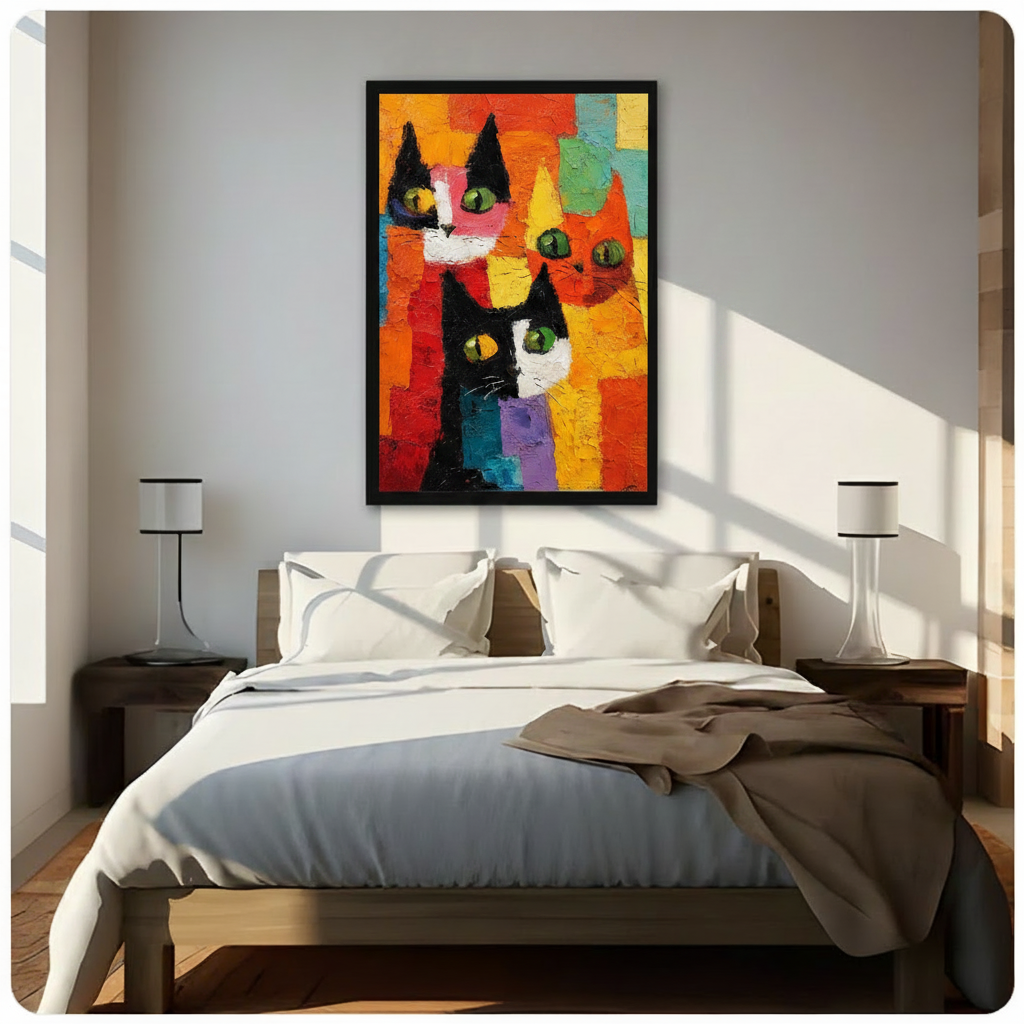 Colorful Abstract Cats Cubist Canvas Wall Art