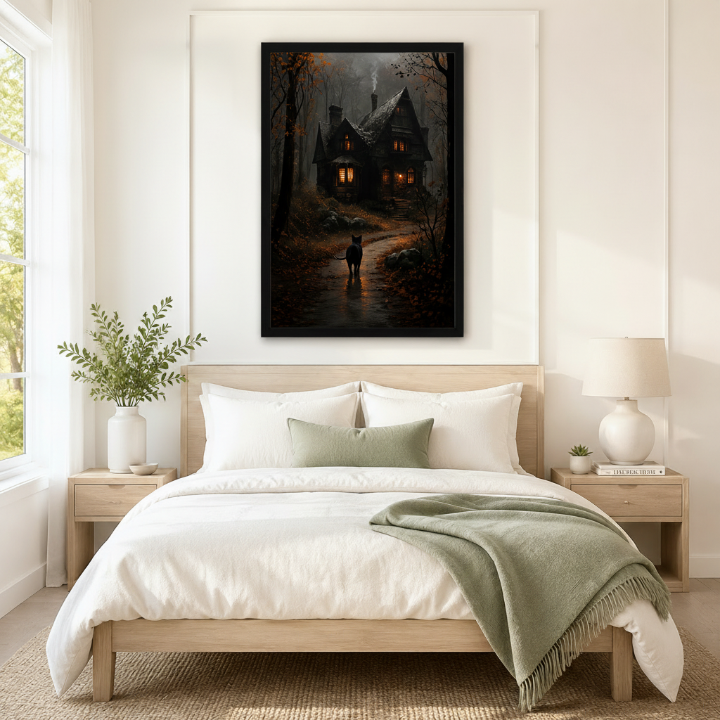 Gothic Black Cat Haunted House Canvas Wall Art