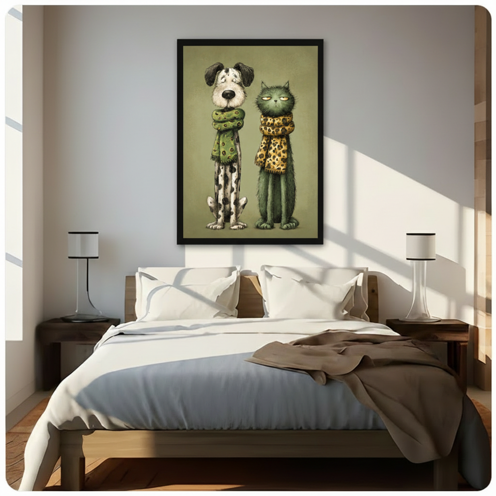 Quirky Dog & Cat Scarf Canvas Wall Art