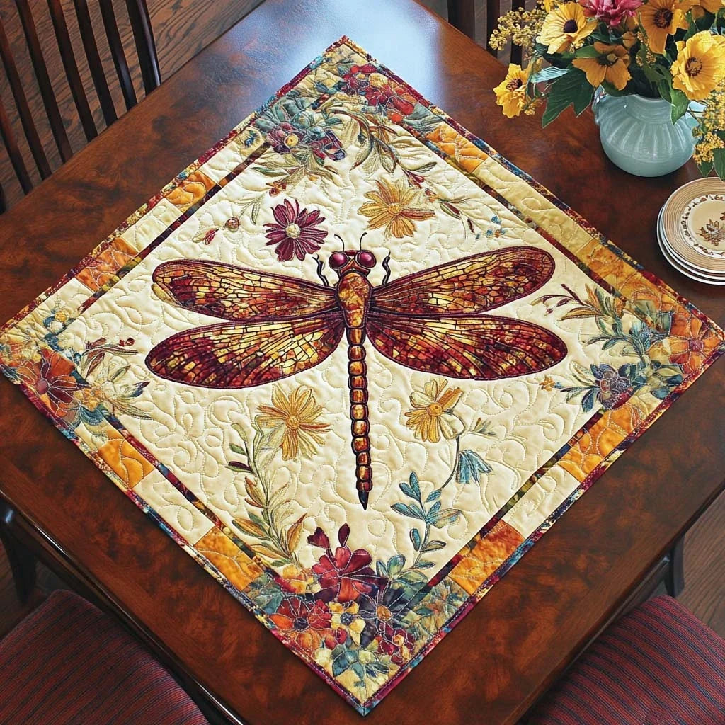 Dragonfly Magic Bloom Quilted Table Topper