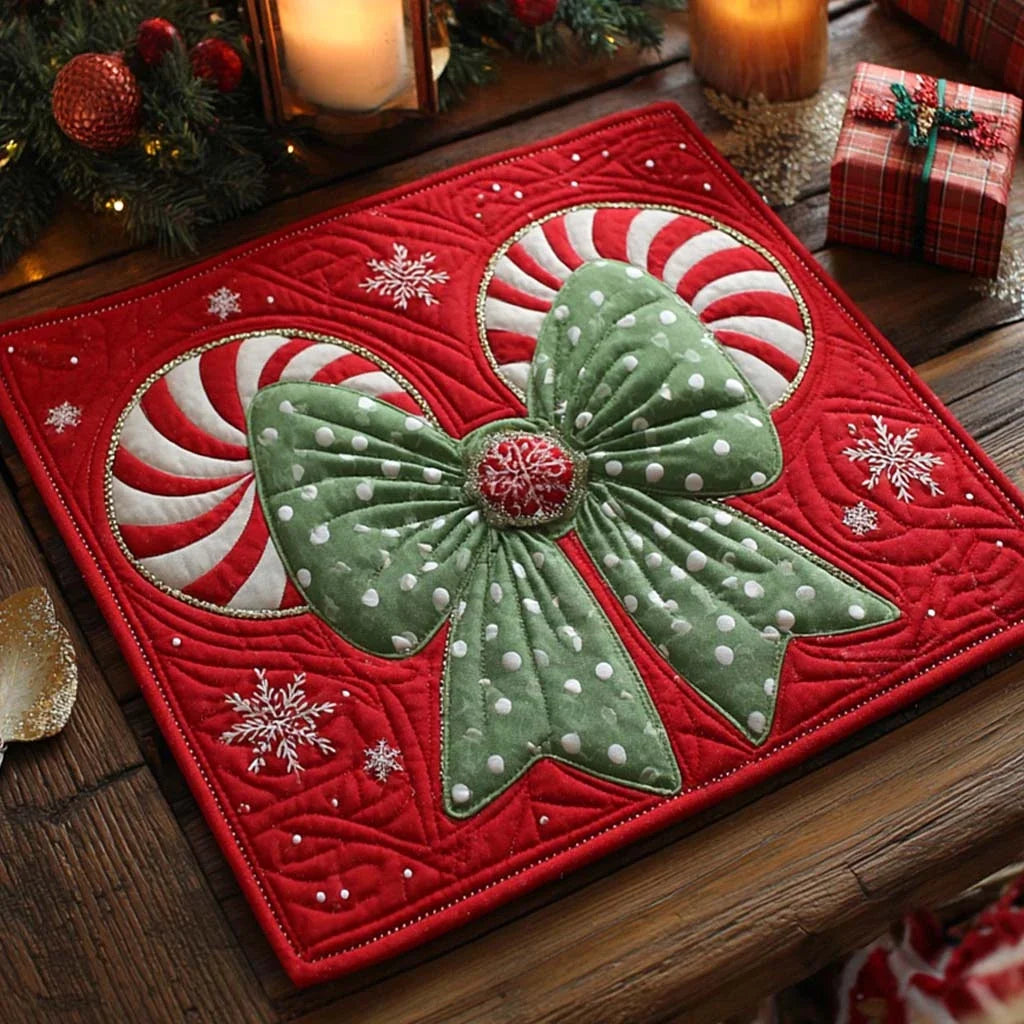 Evergreen Peppermint Bow Quilted Table Topper